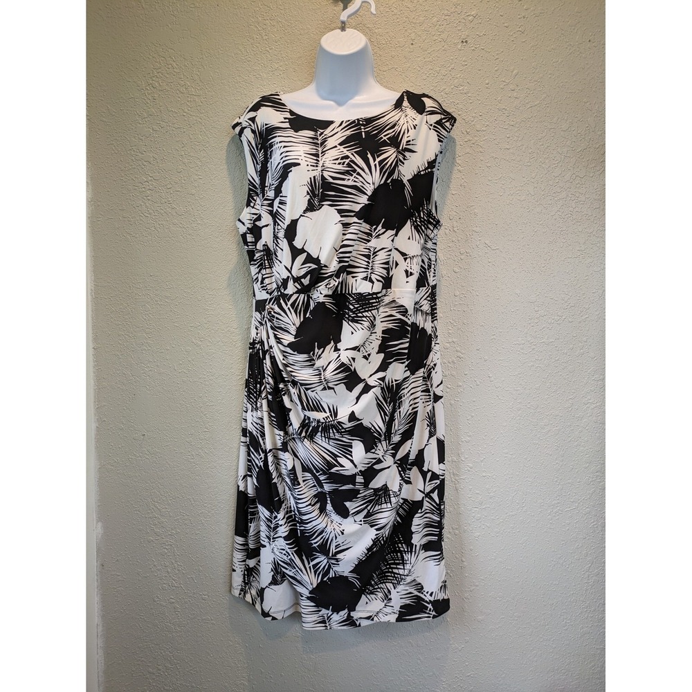 Roz & Ali Black‎ White Palm Print Sleeveless Dress 14 Geometric Office Mature